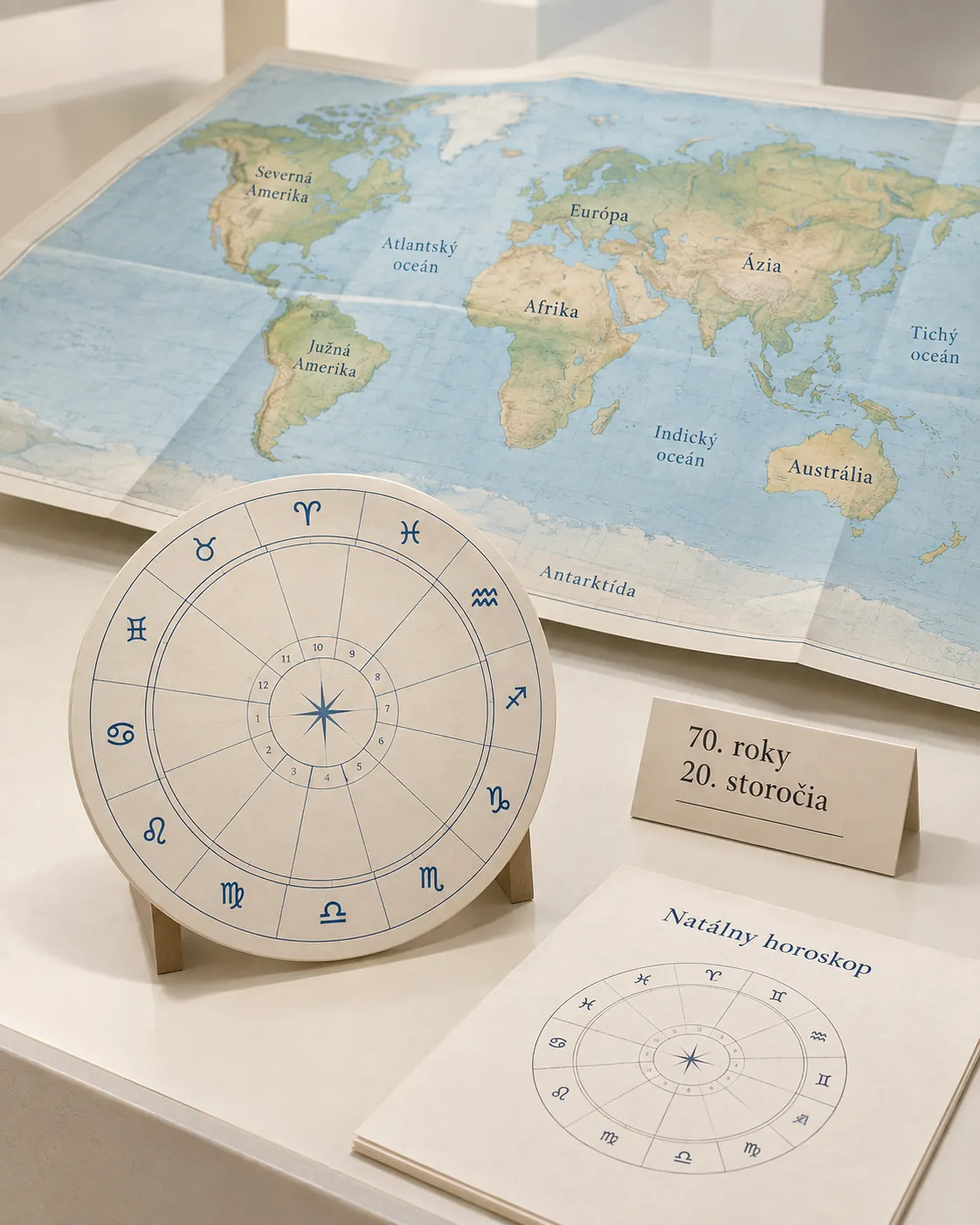 three dimensional editorial composition linking a printed world map with a birth chart