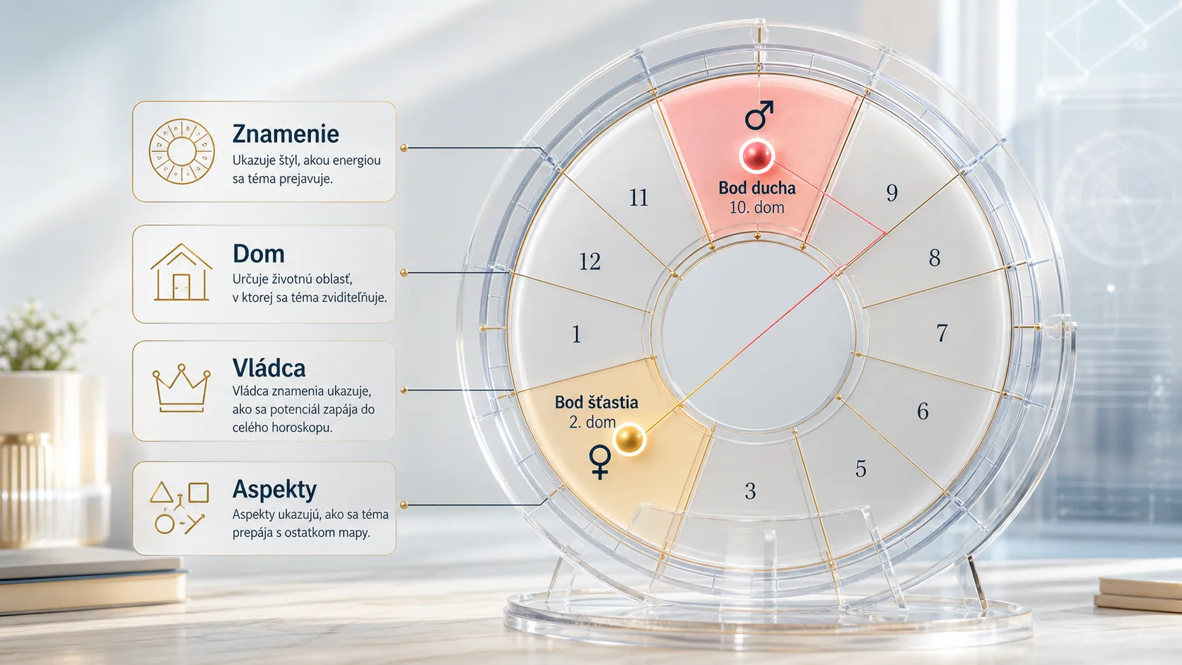 bright editorial 3D scene linking Fortune Spirit and natal chart houses