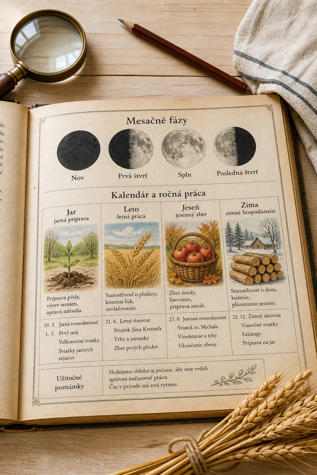 historic calendar showing lunar phases and seasonal work