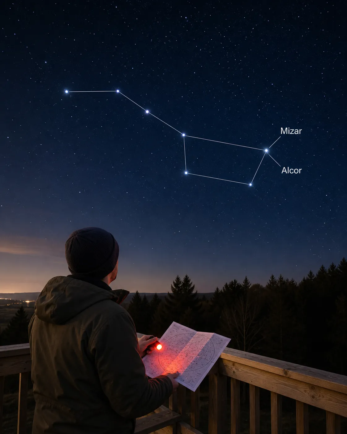 editorial infographic showing how to observe Mizar and Alcor in Ursa Major