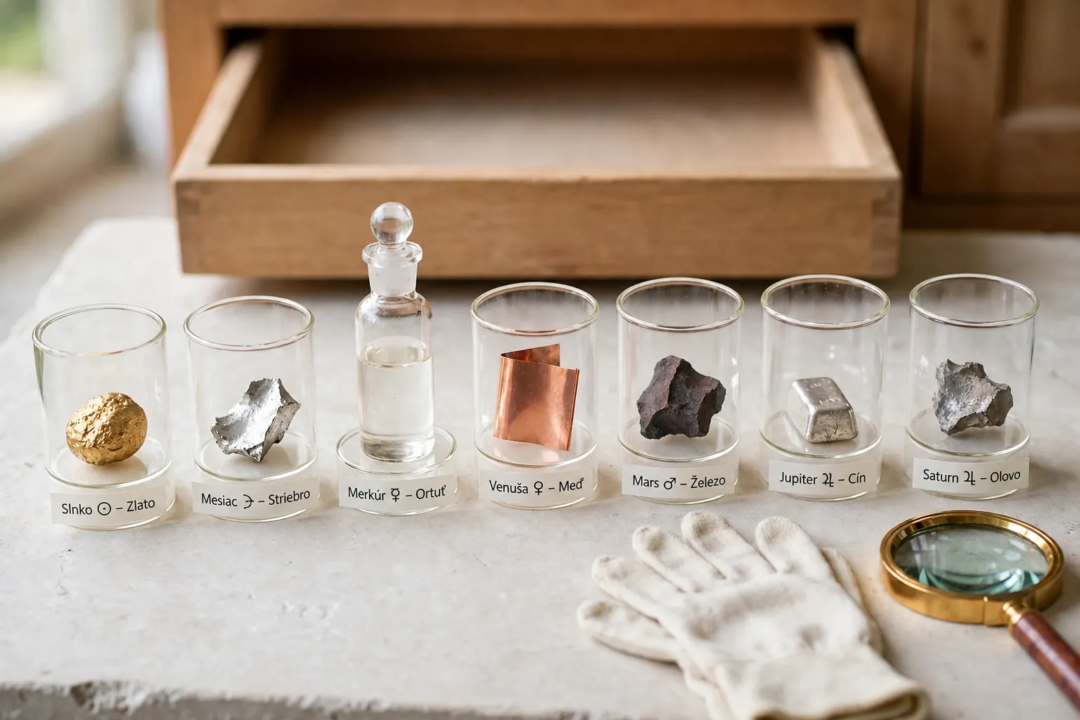 seven planetary metals in an alchemical cabinet