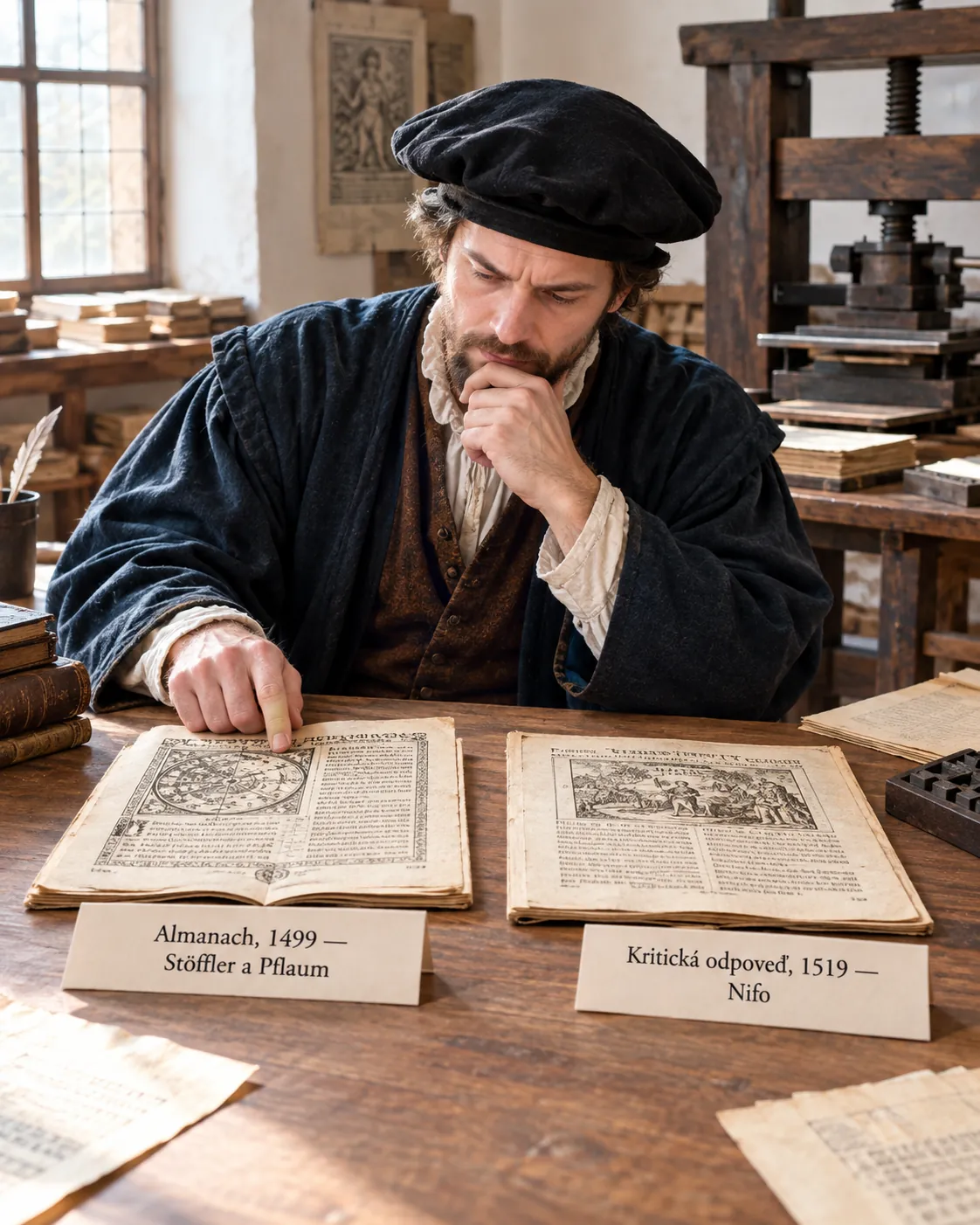 Renaissance scholar comparing a flood prediction with a critical response