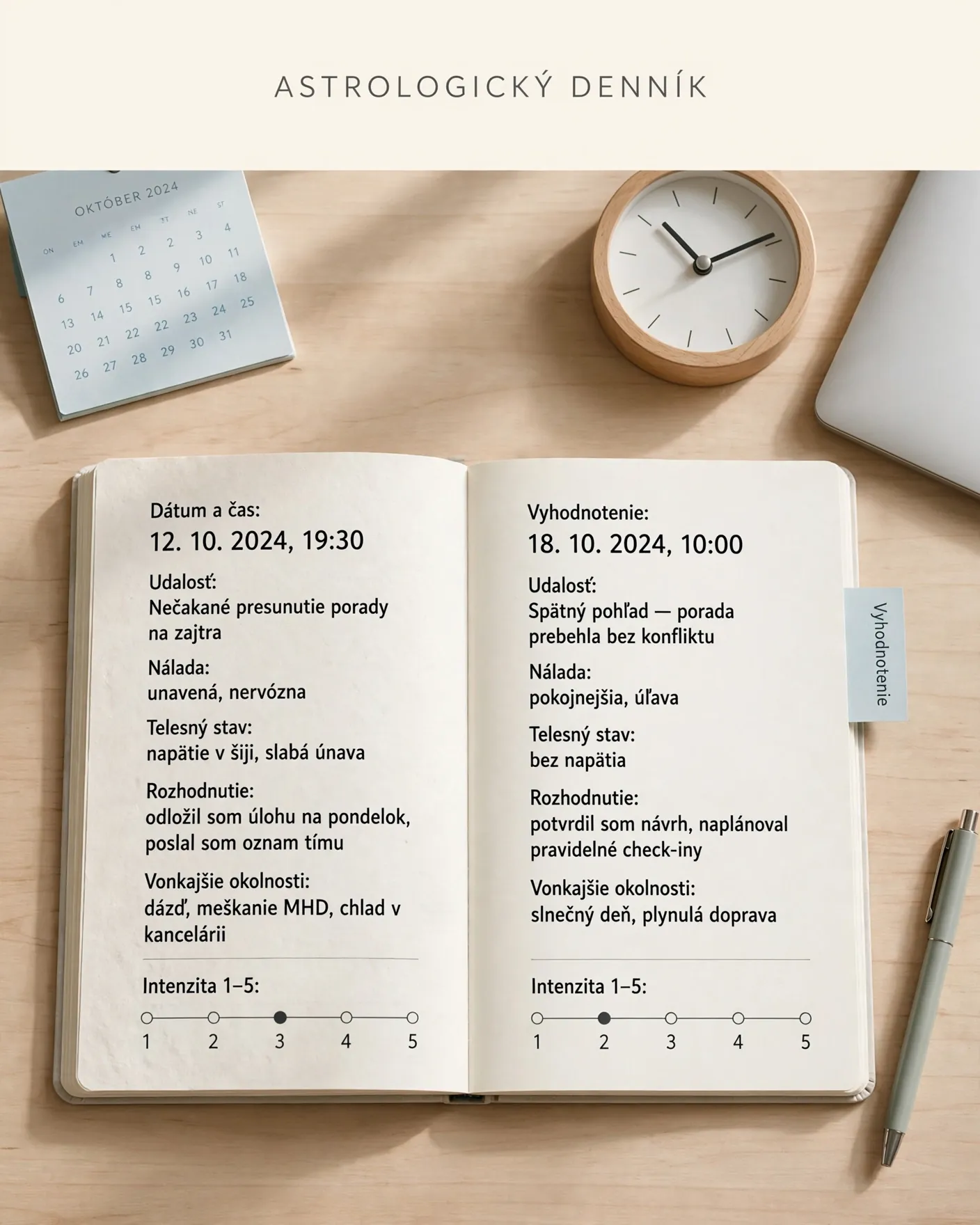 daily astrology journal with mood scale decisions and external circumstances