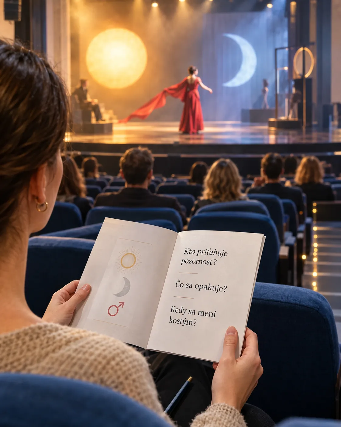 audience reading celestial symbols in a modern theatre