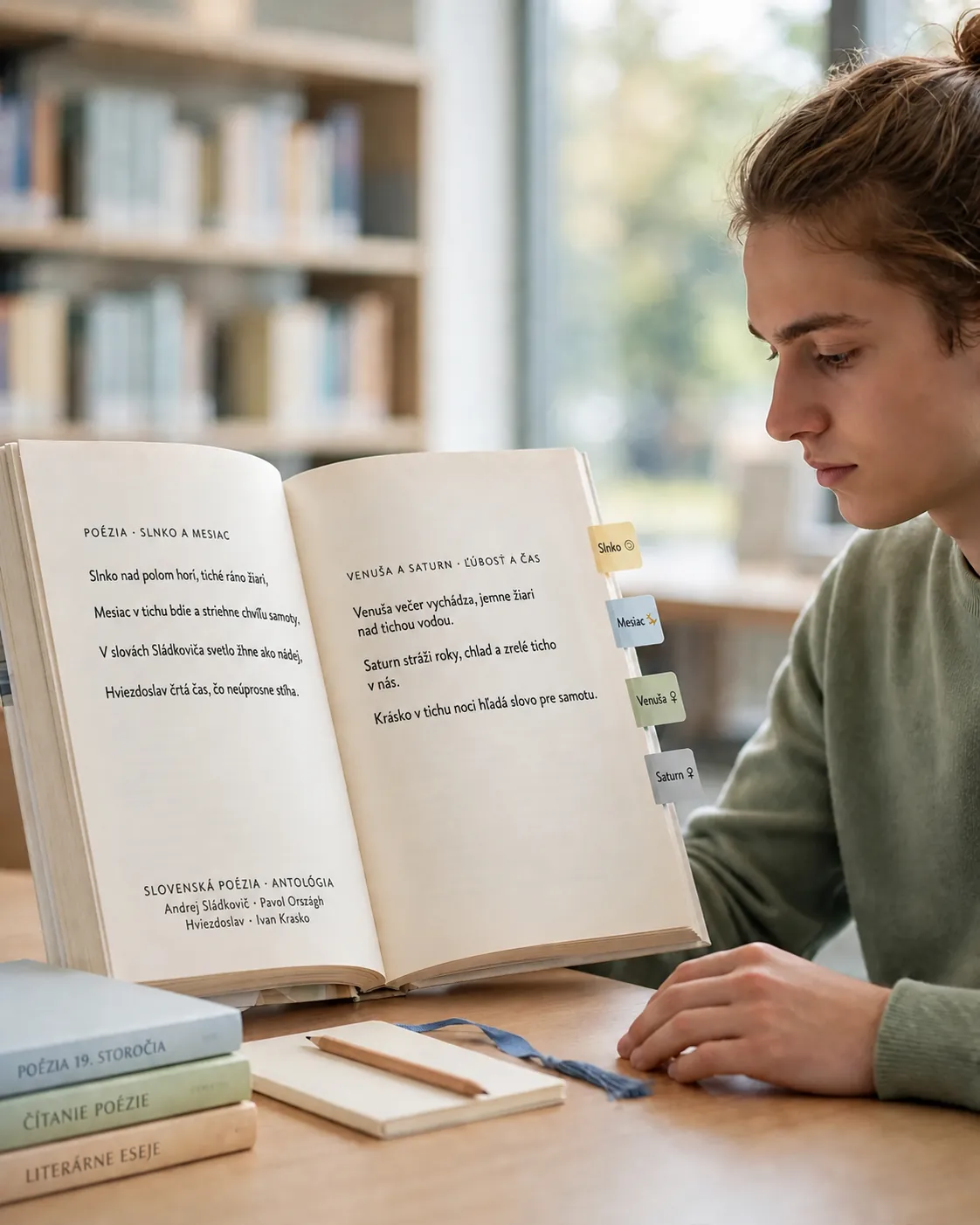 poet reading celestial imagery in a Slovak poetry book