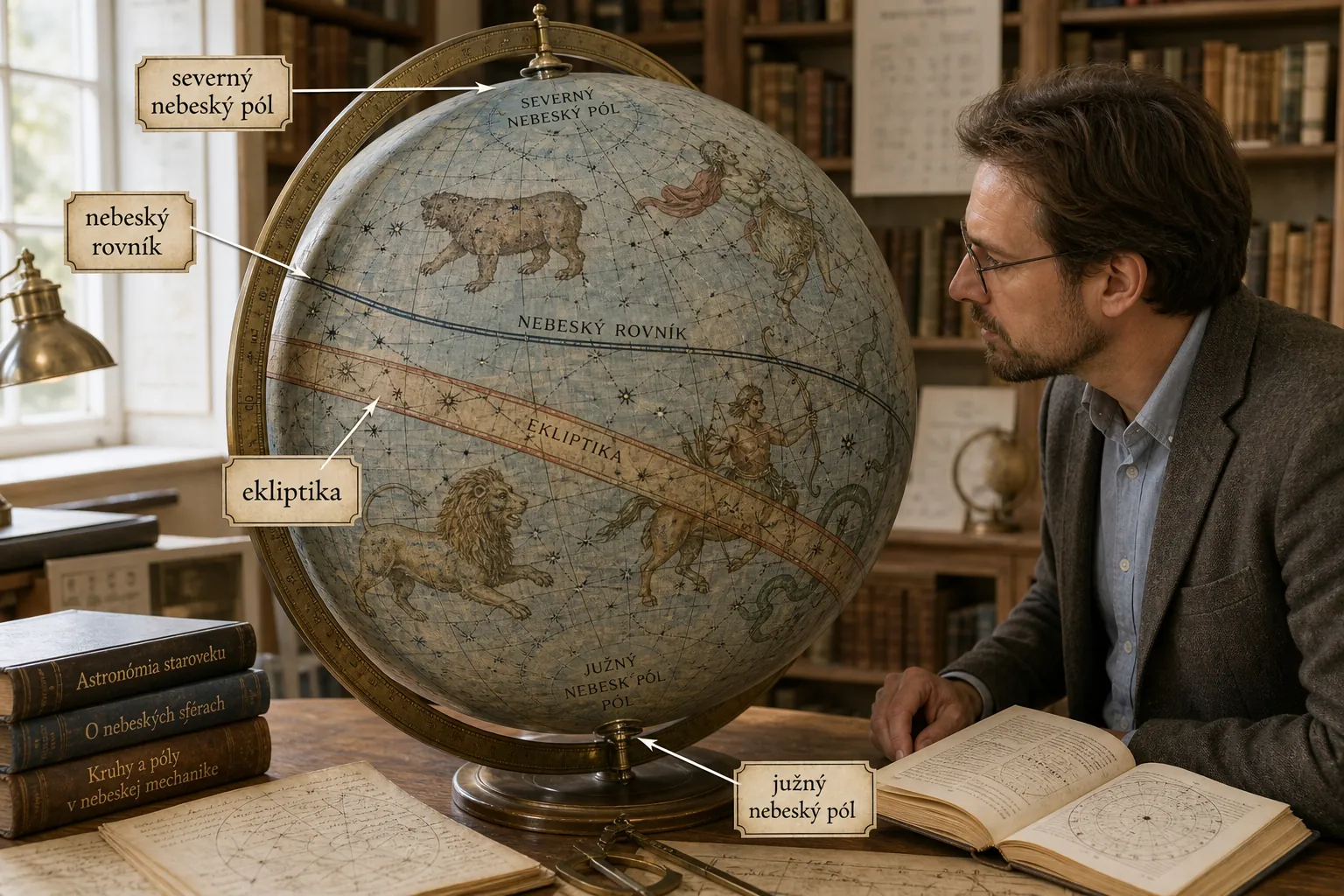 historic celestial globe in a bright library