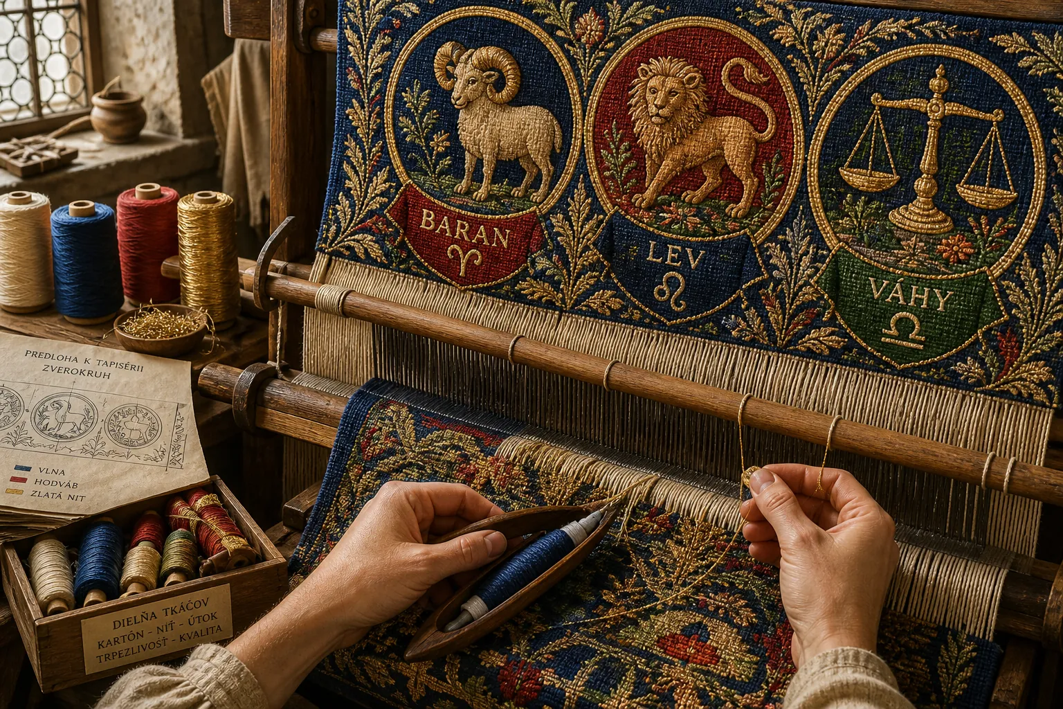close view of historic tapestry weaving with zodiac medallions