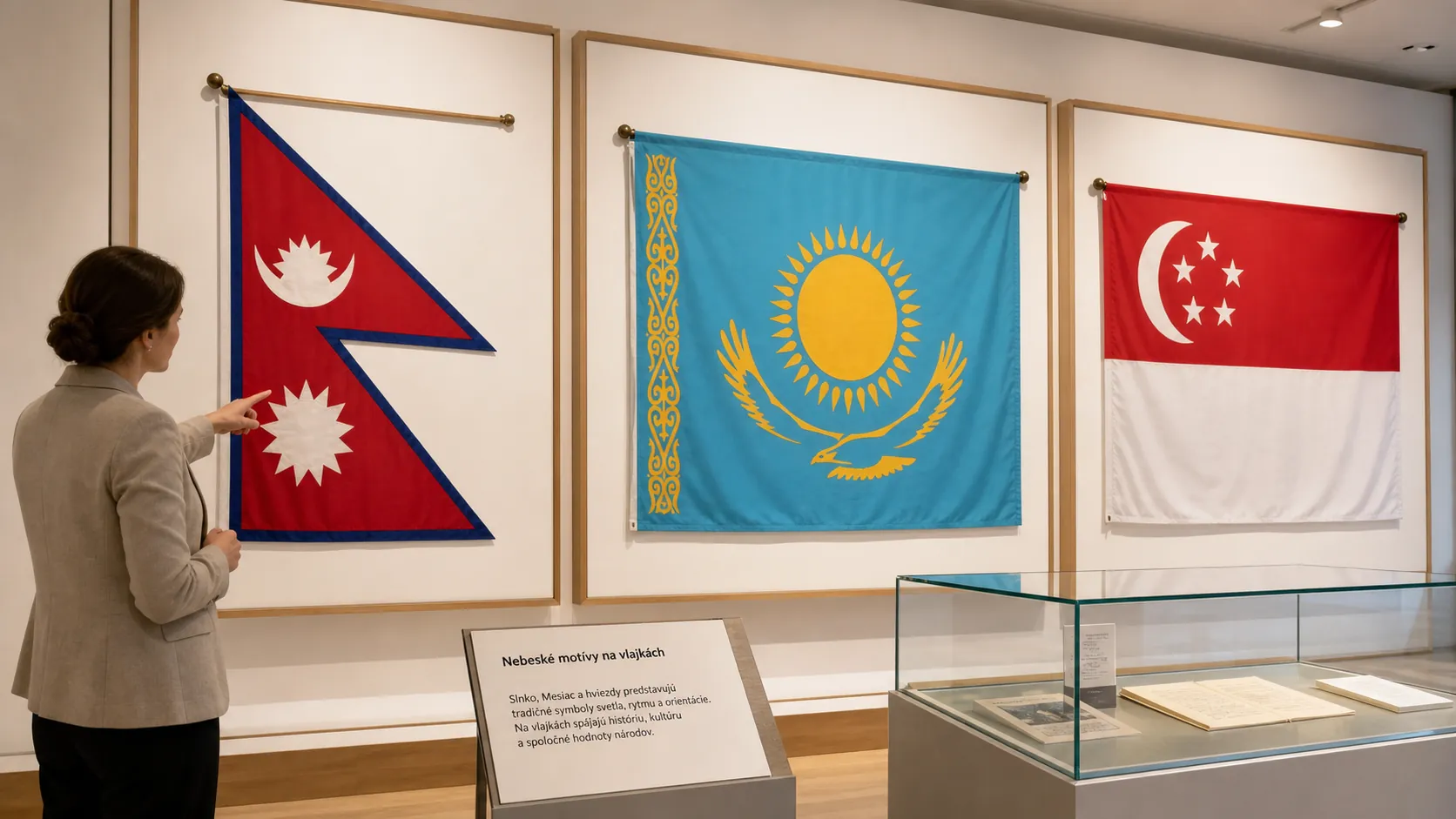 celestial national flags in a bright museum gallery