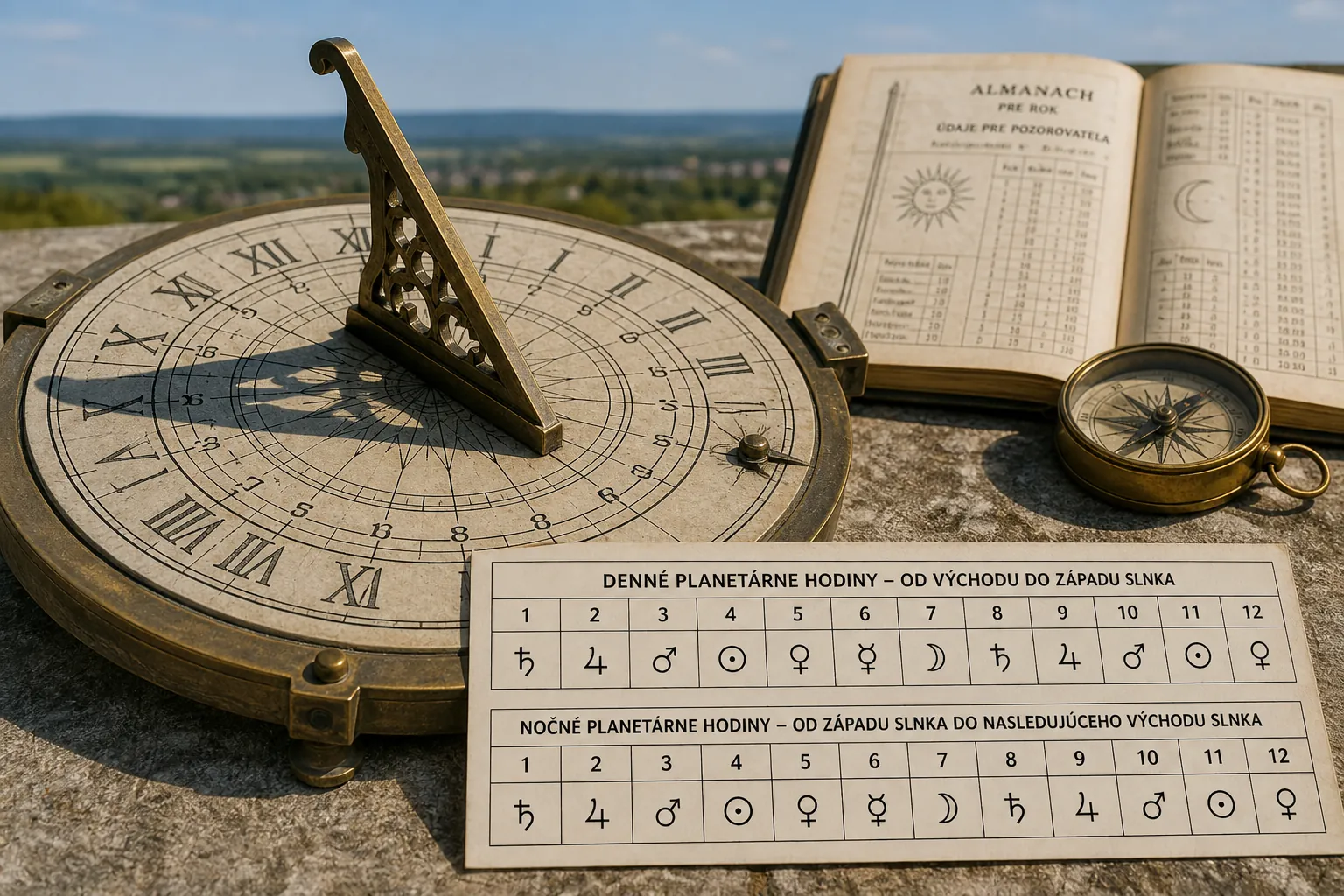 historical sundial and planetary hour table in daylight