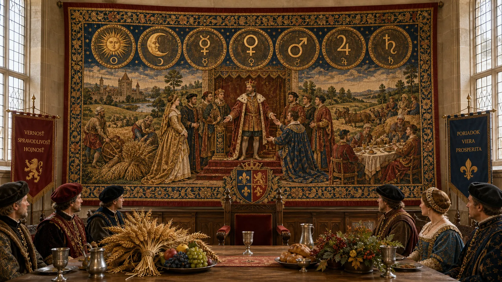 royal hall with celestial tapestry and seasonal court scene