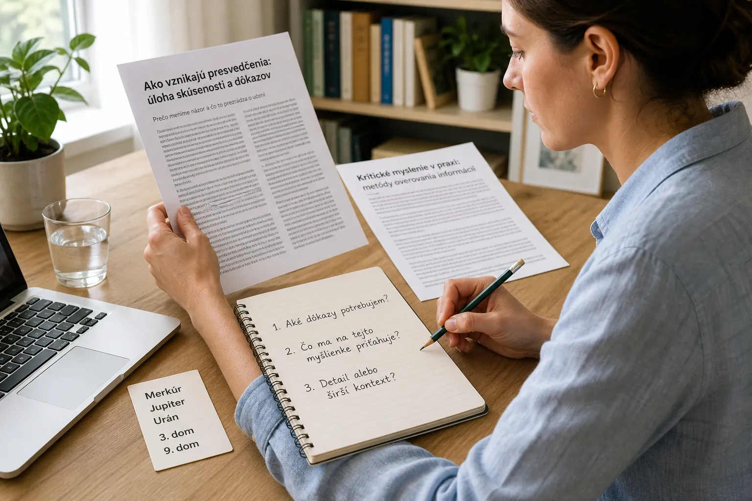person comparing sources beside a natal chart notebook