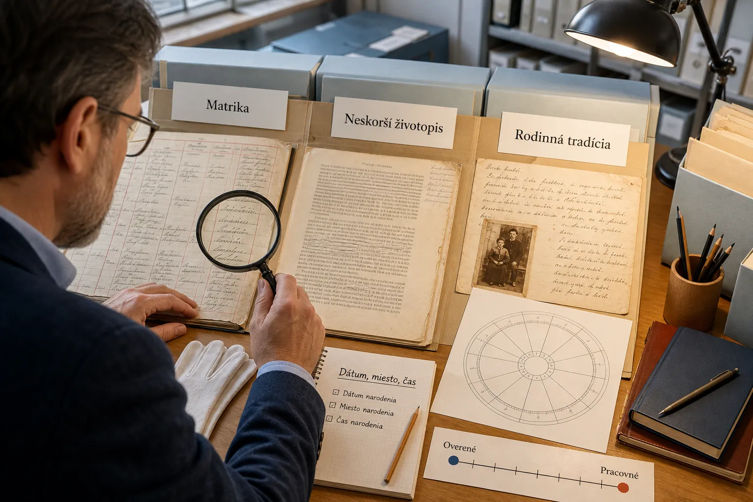 historian comparing archival birth records with an astrology chart