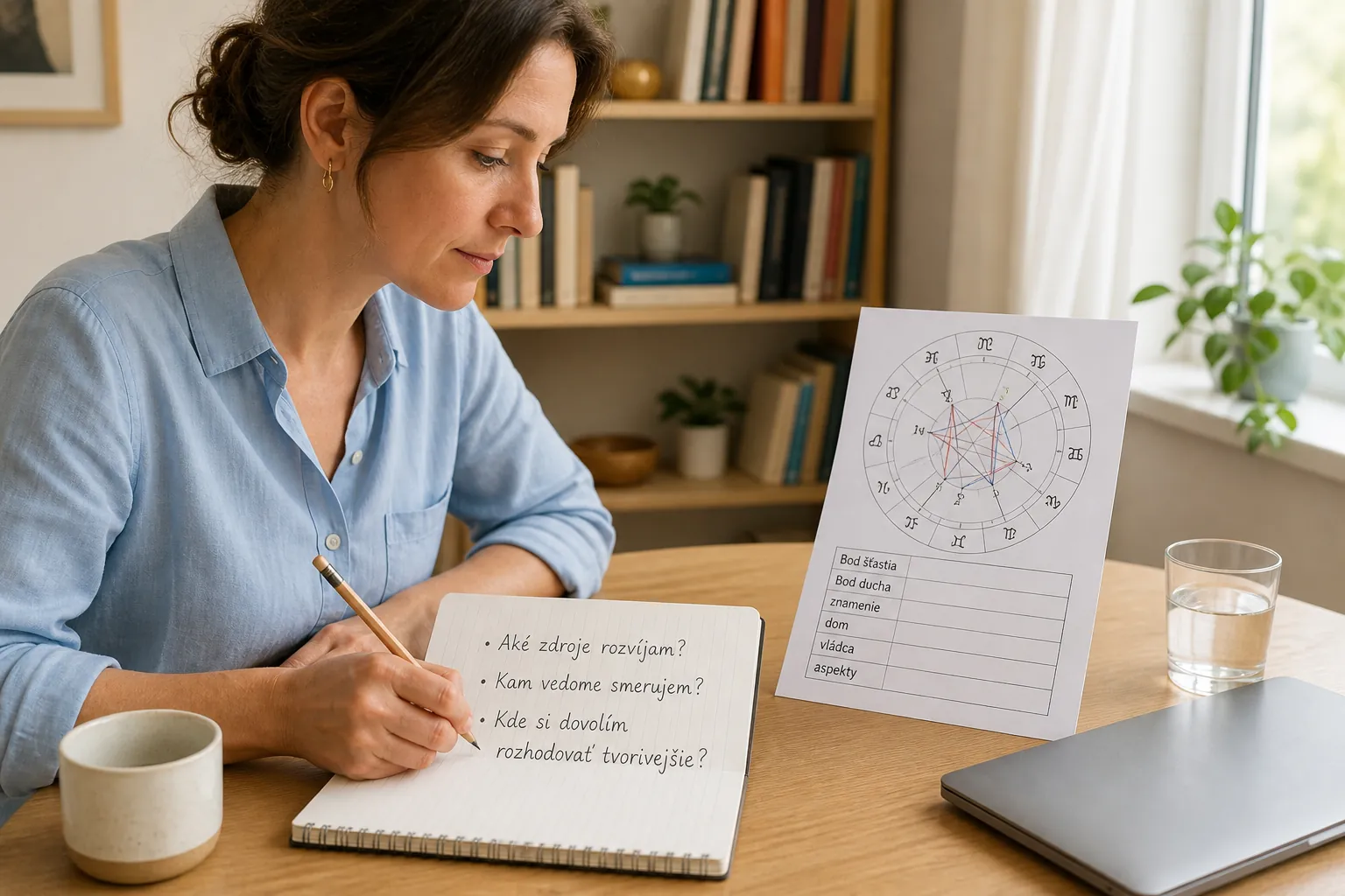 person writing reflective questions beside a natal chart