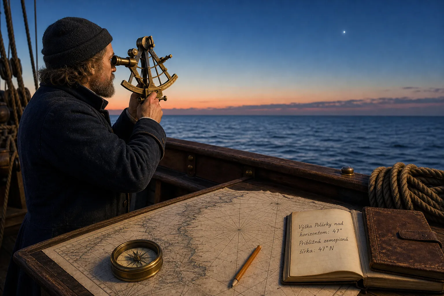 historical navigator measuring the height of Polaris at sea