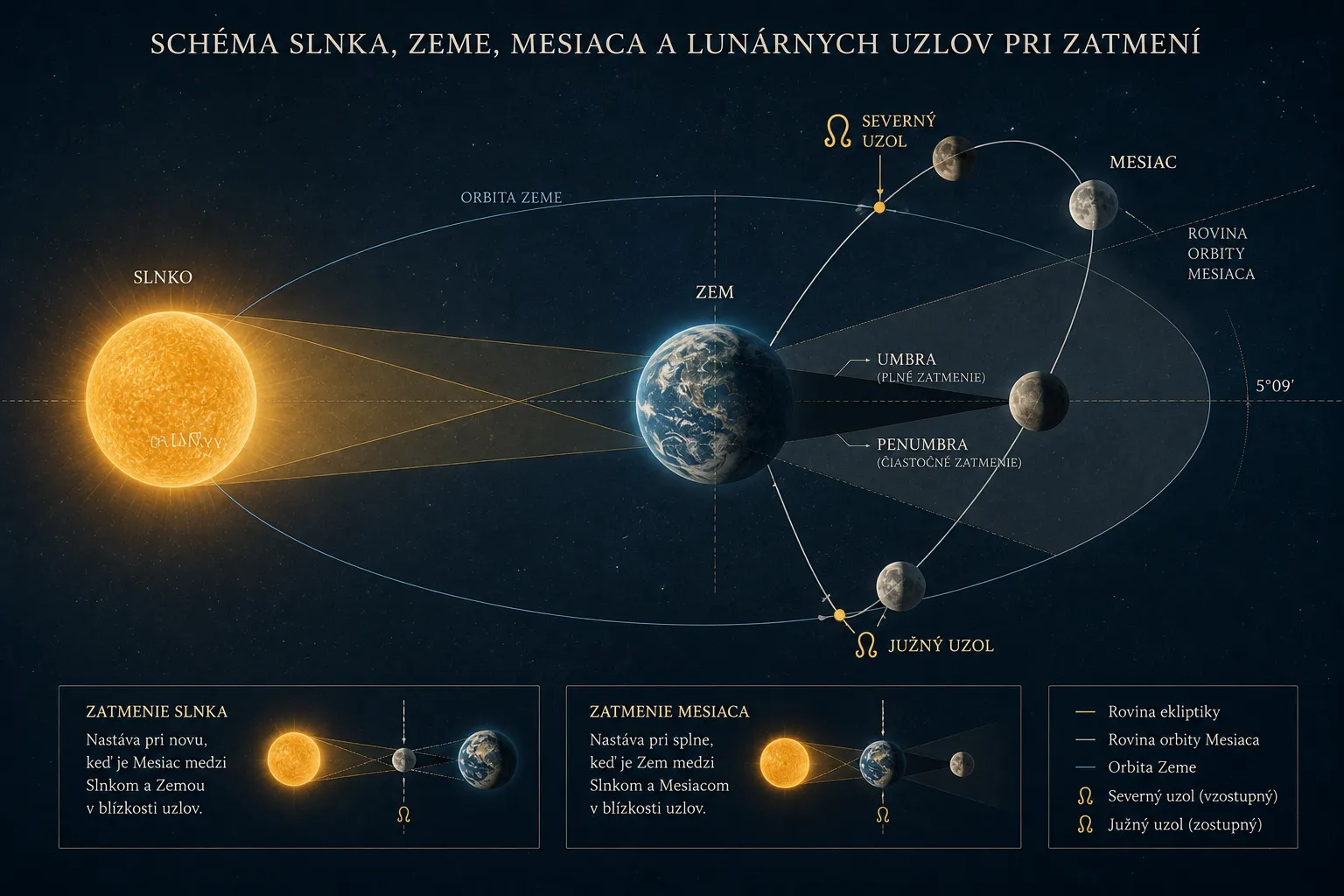 schéma Slnka Zeme Mesiaca a lunárnych uzlov pri zatmení