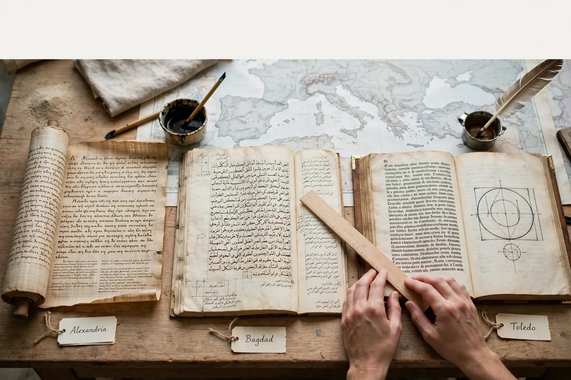 Greek Arabic and Latin astrology manuscripts on a translation table