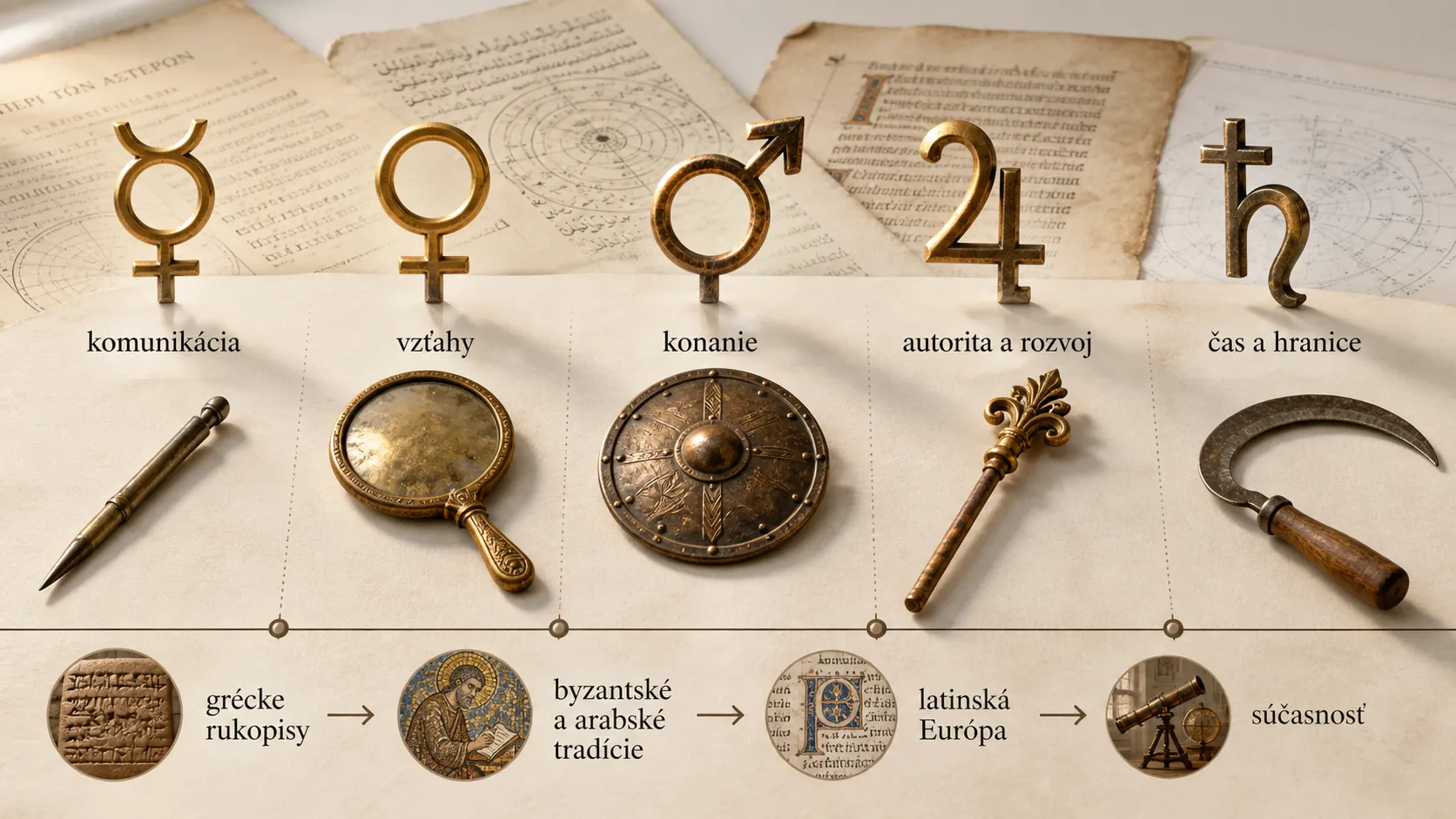 evolution of planetary symbols into five astrological archetypes