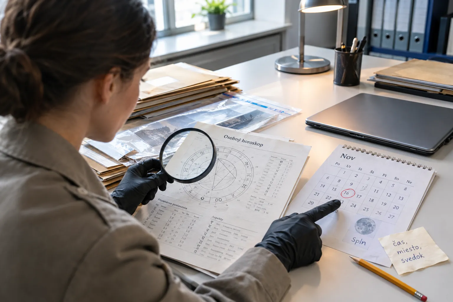 detective examining astrological notes as evidence