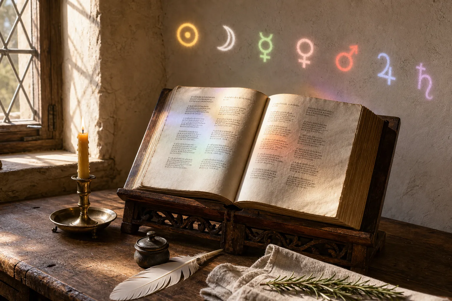 otvorená kniha Nostradamových štvorverší so sviečkou a symbolmi planét