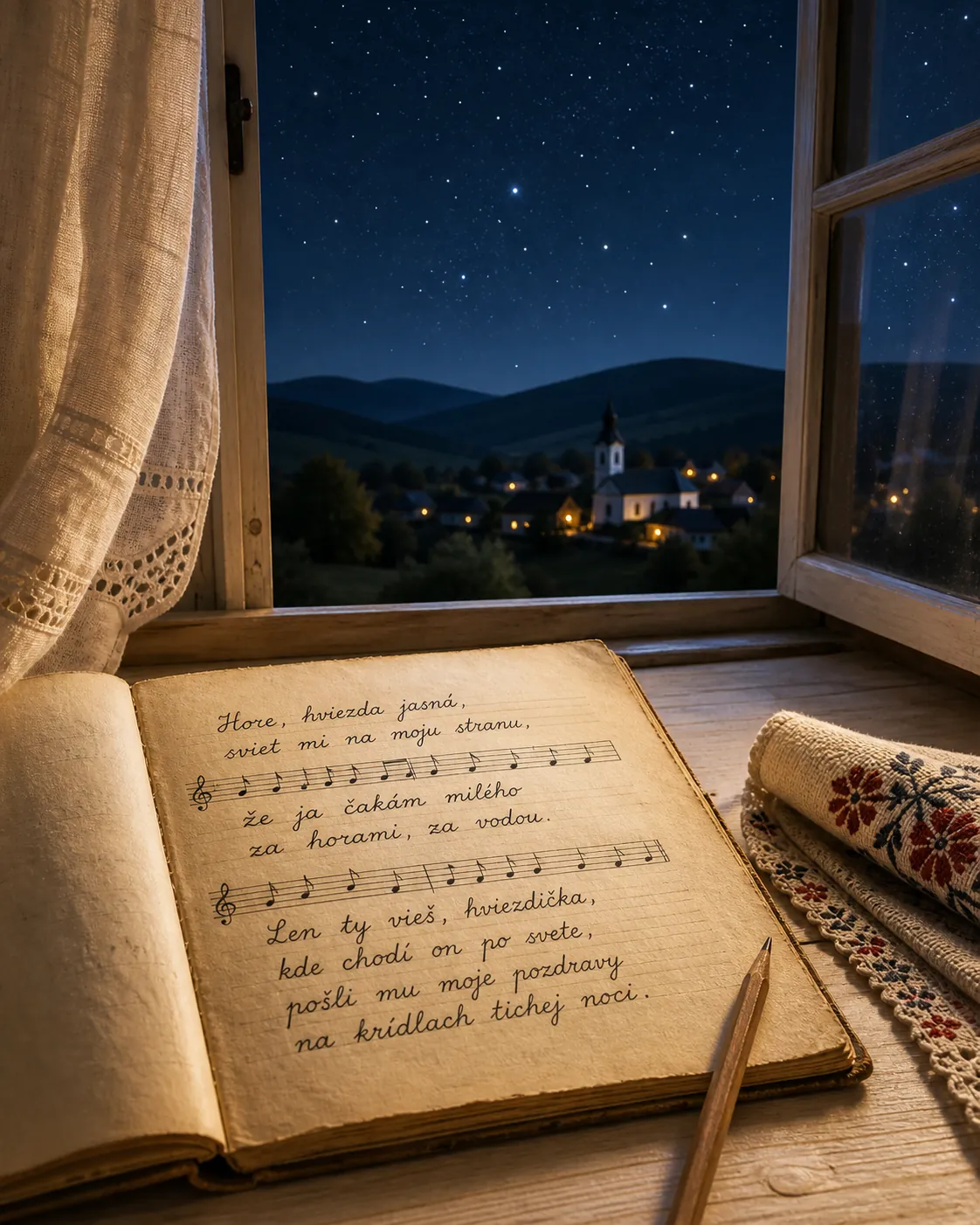 Slovak folk song manuscript with a clear night sky constellation map