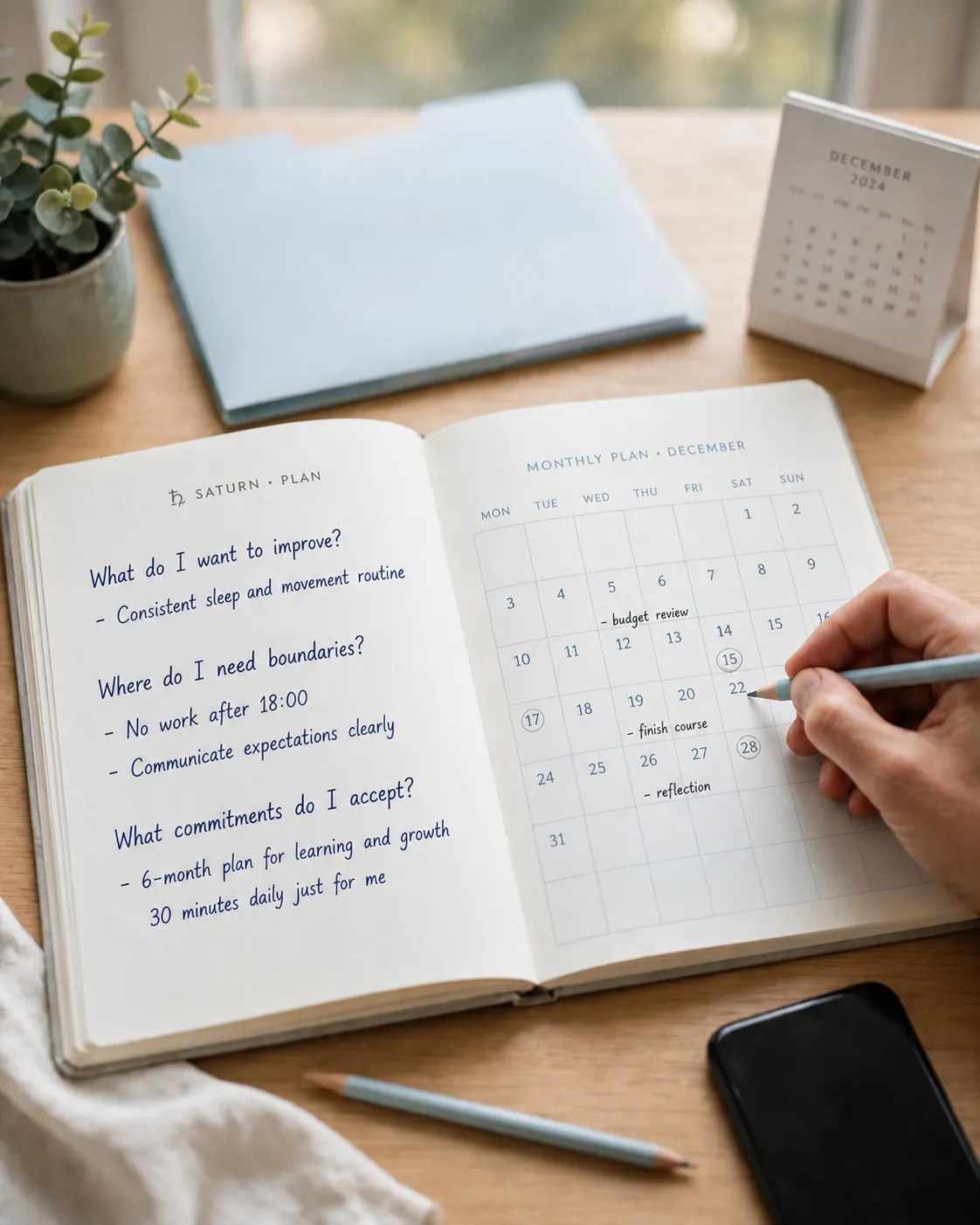 bright desk with practical long-term planning journal