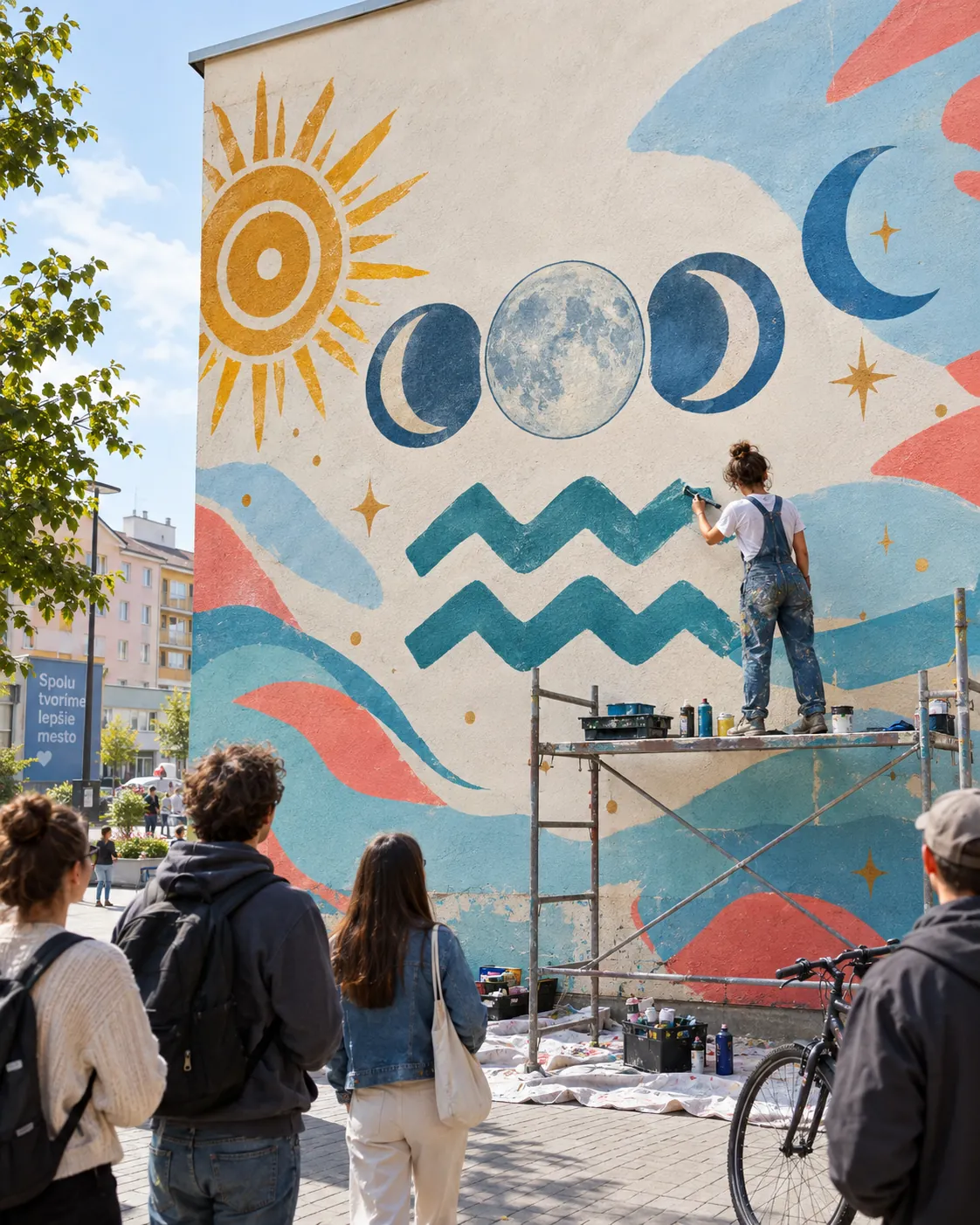 bright urban mural with celestial symbols and community life