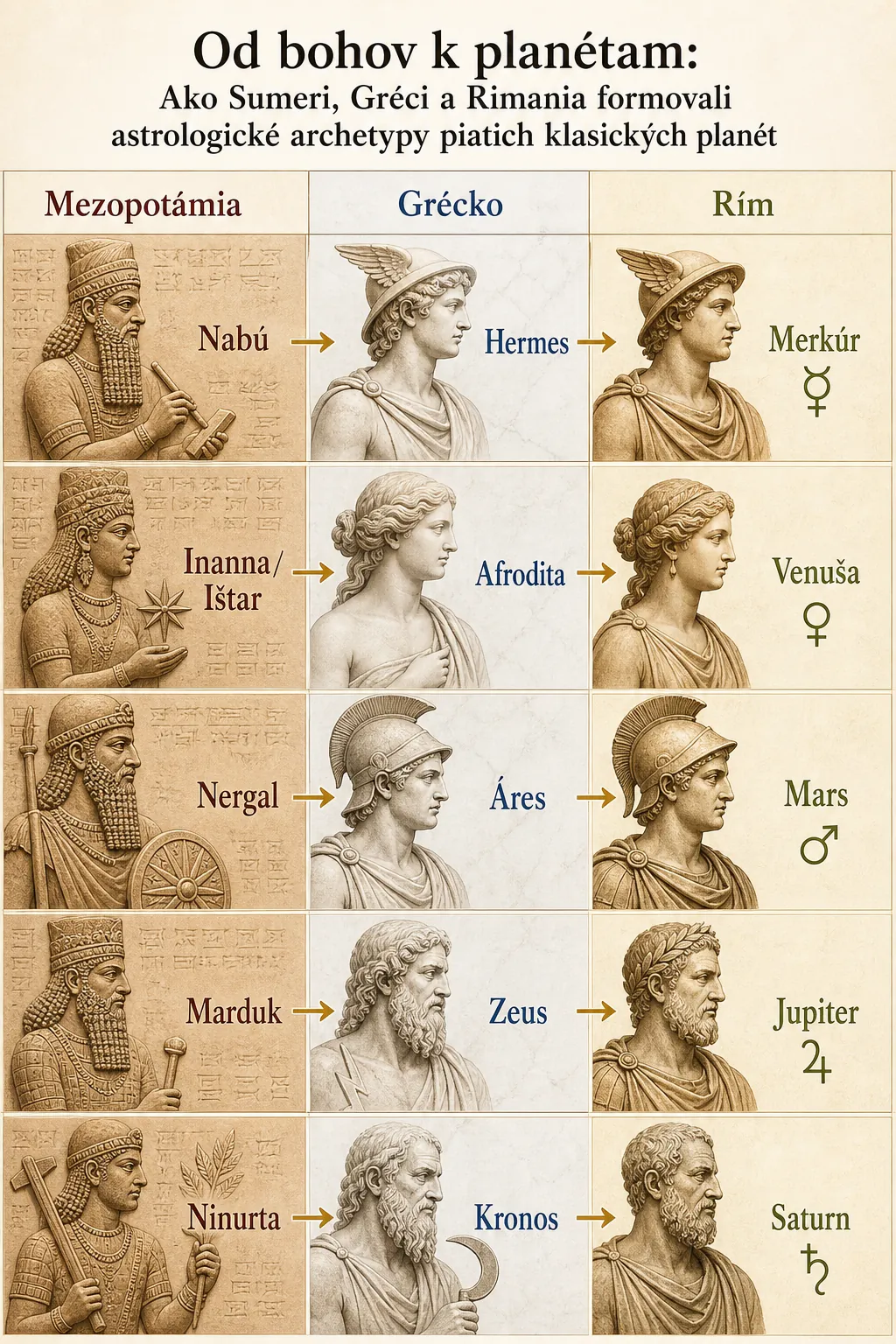 Mesopotamian Greek and Roman correspondences of five classical planets