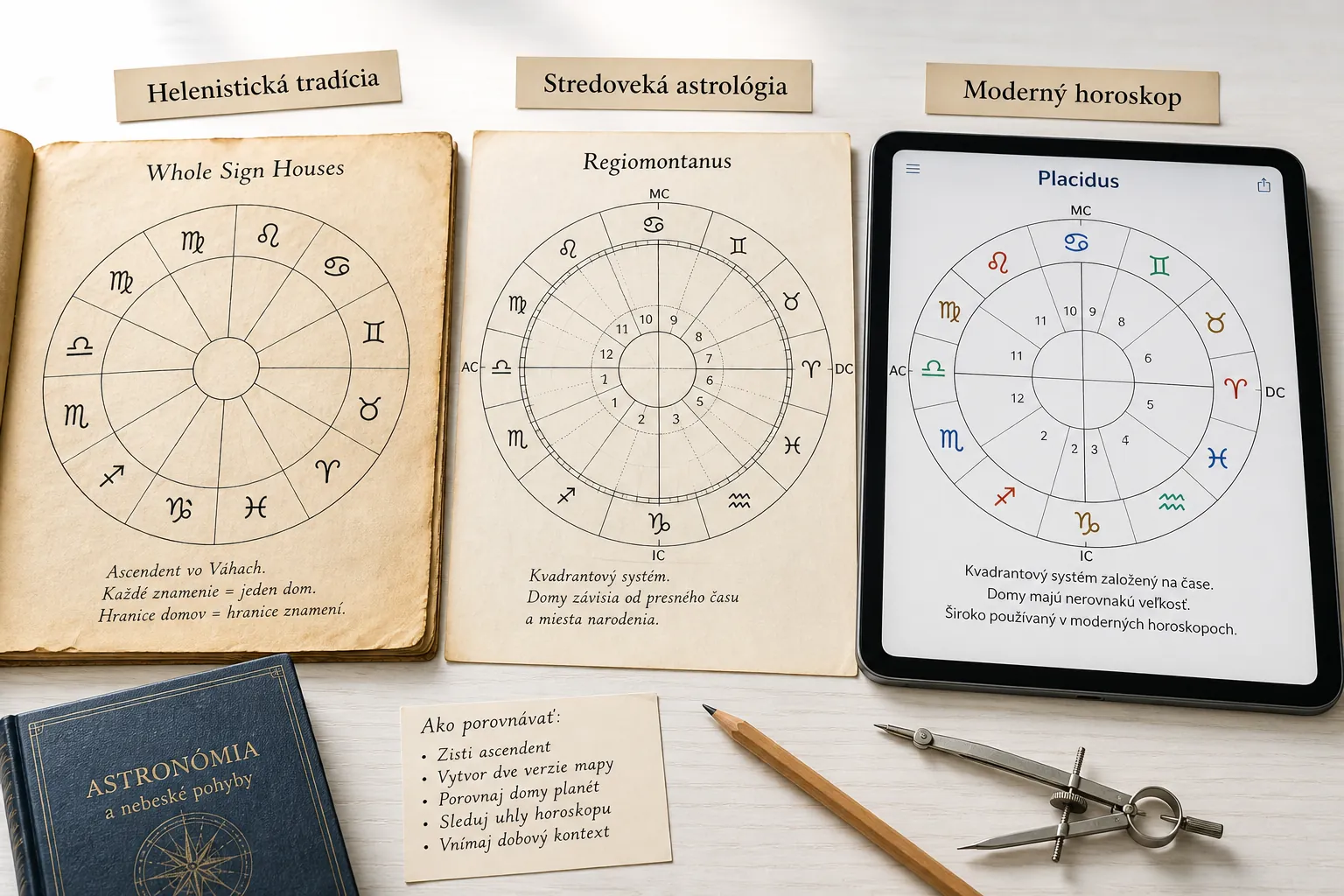 historical astrology chart comparison on a bright desk