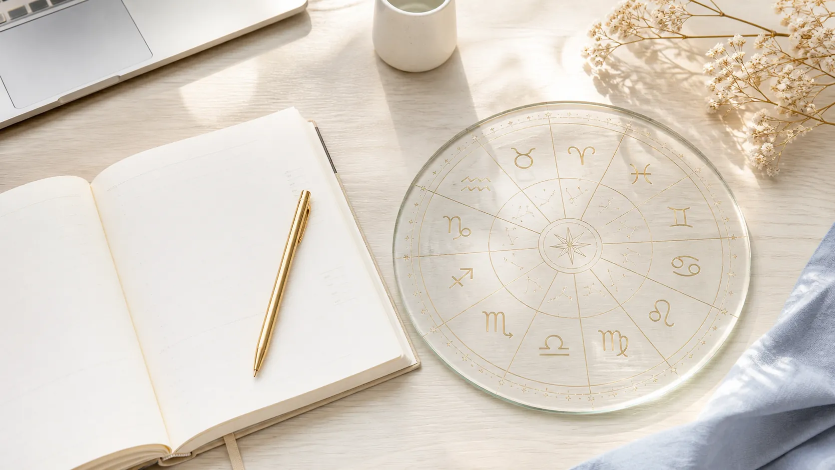 pracovný stôl s diárom a astrologickým kruhom