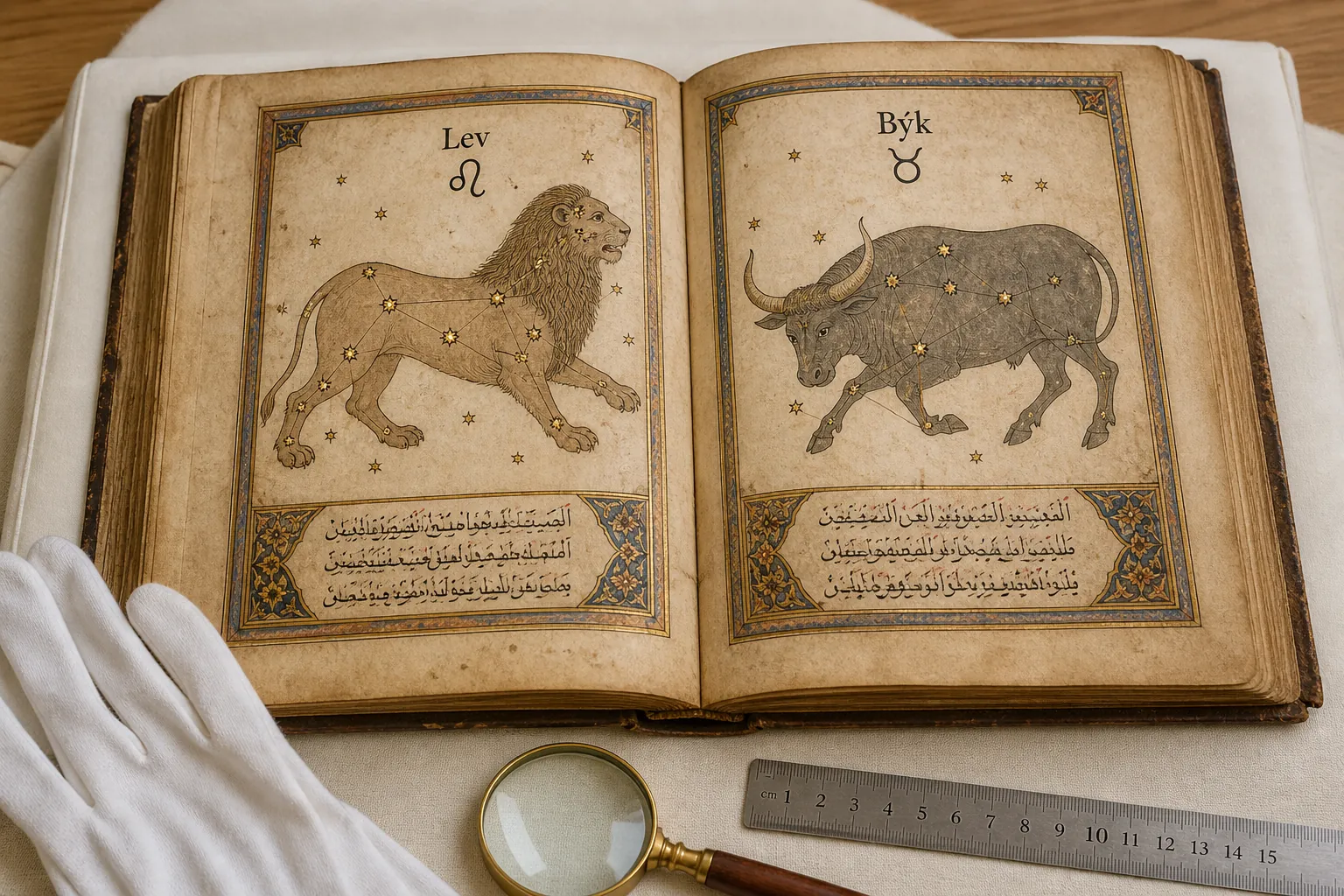 illuminated astronomical manuscript with zodiac constellations