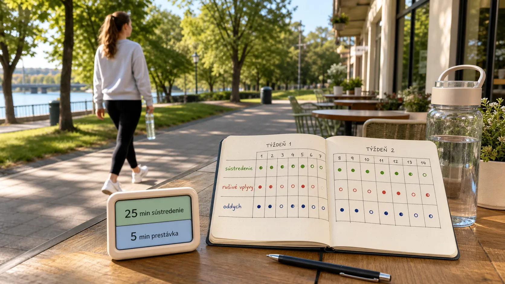 bright study break with notebook and outdoor walk