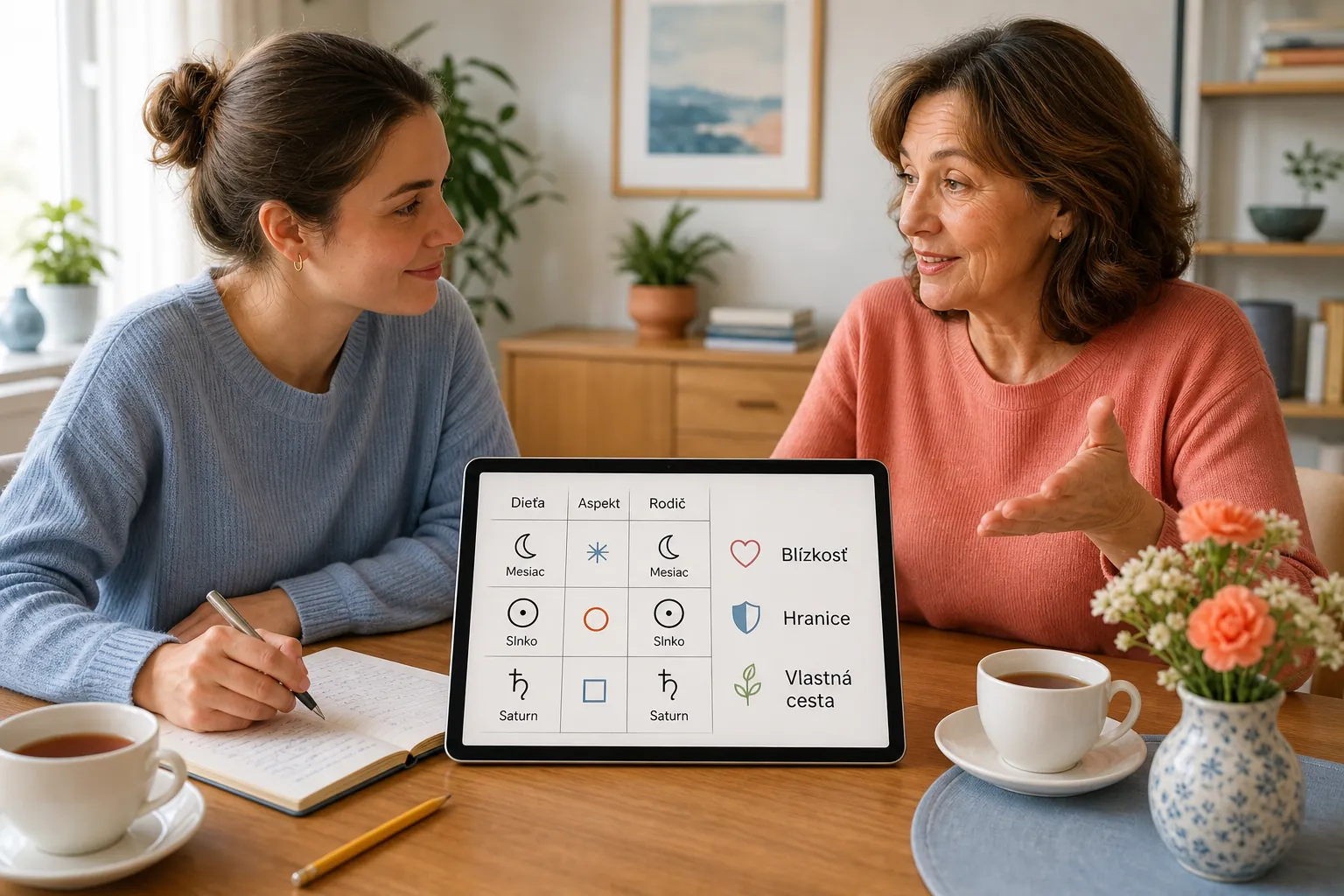 adult child and parent discussing a birth chart at home