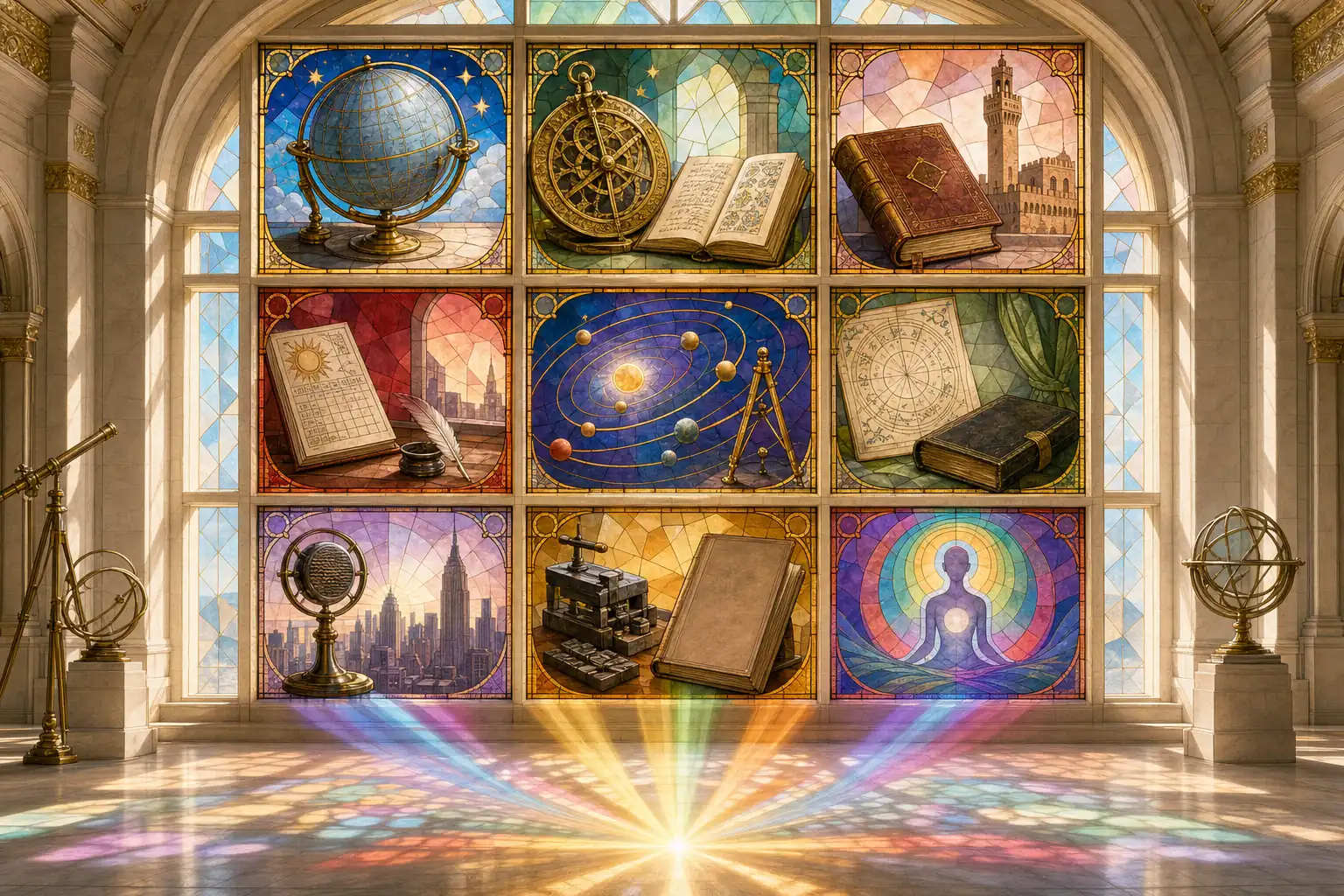 moderná astrologická mapa obklopená historickými knihami