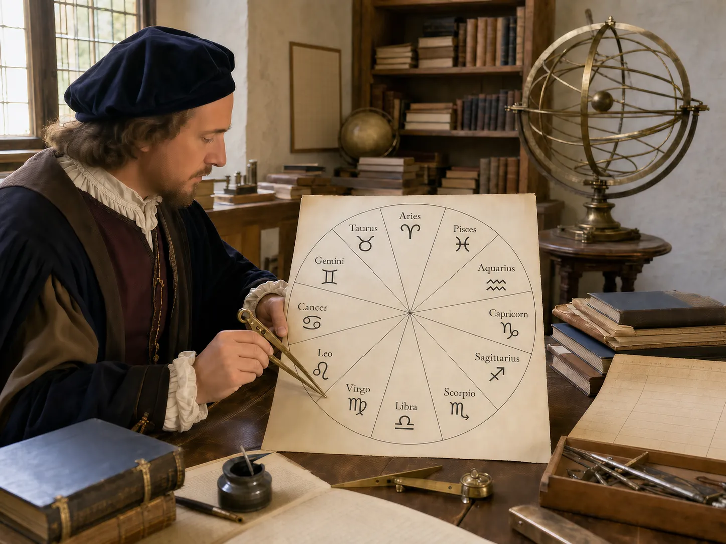 Renaissance scholar calculating a horoscope in a bright study