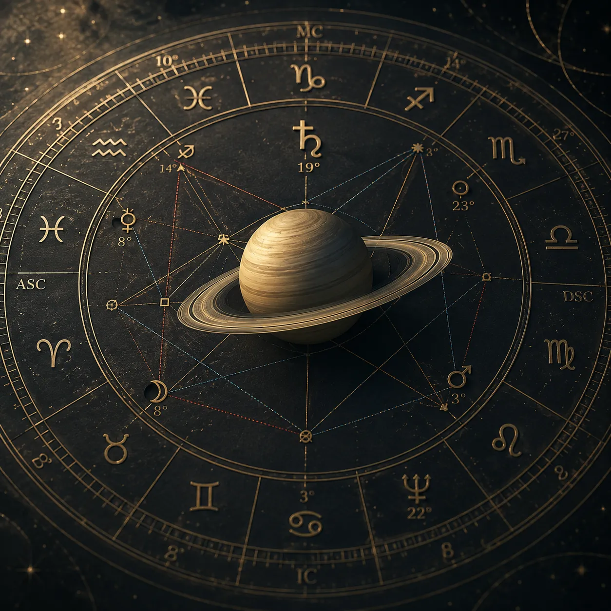detail astrologického kruhu so Saturnom a aspektovými čiarami
