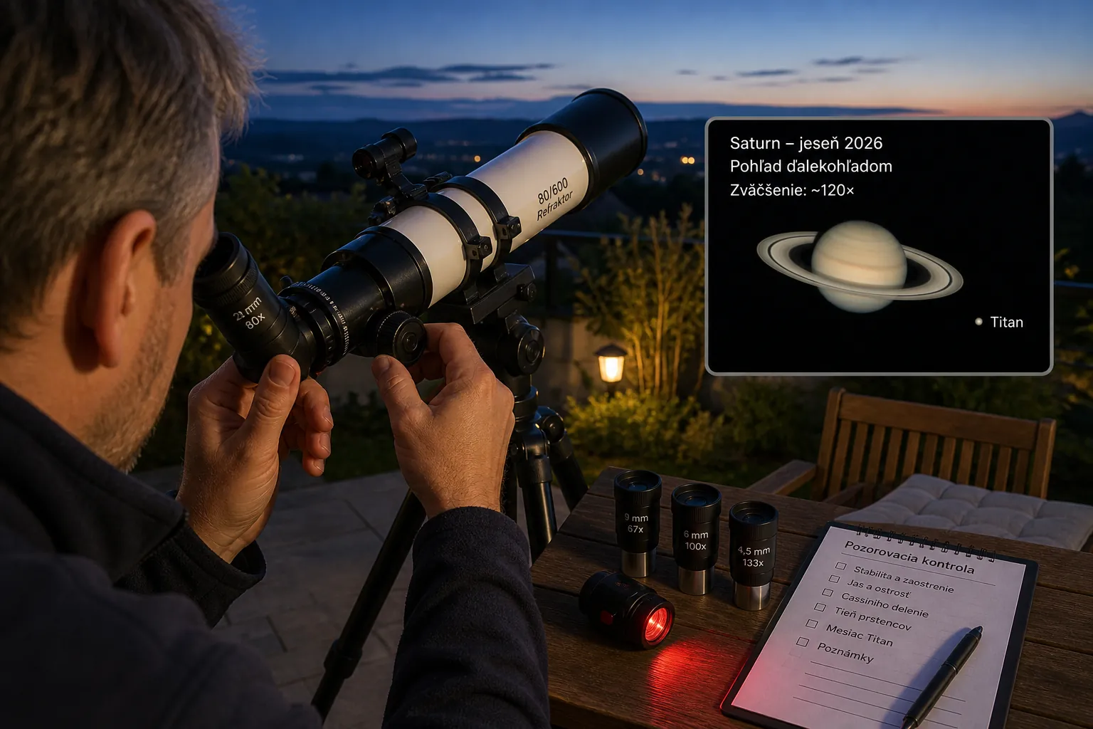 saturn through a small telescope on an autumn evening