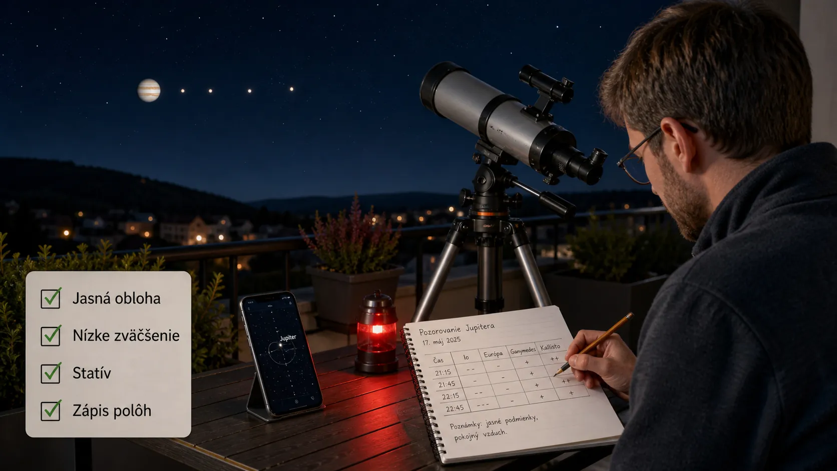 modern amateur astronomer recording Jupiter moon positions