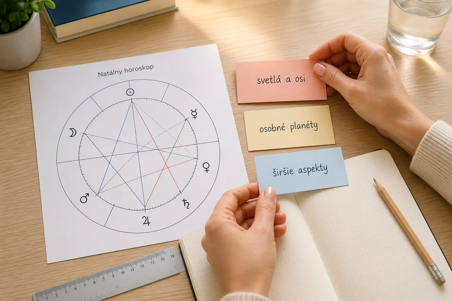 editorial desk with natal chart notes
