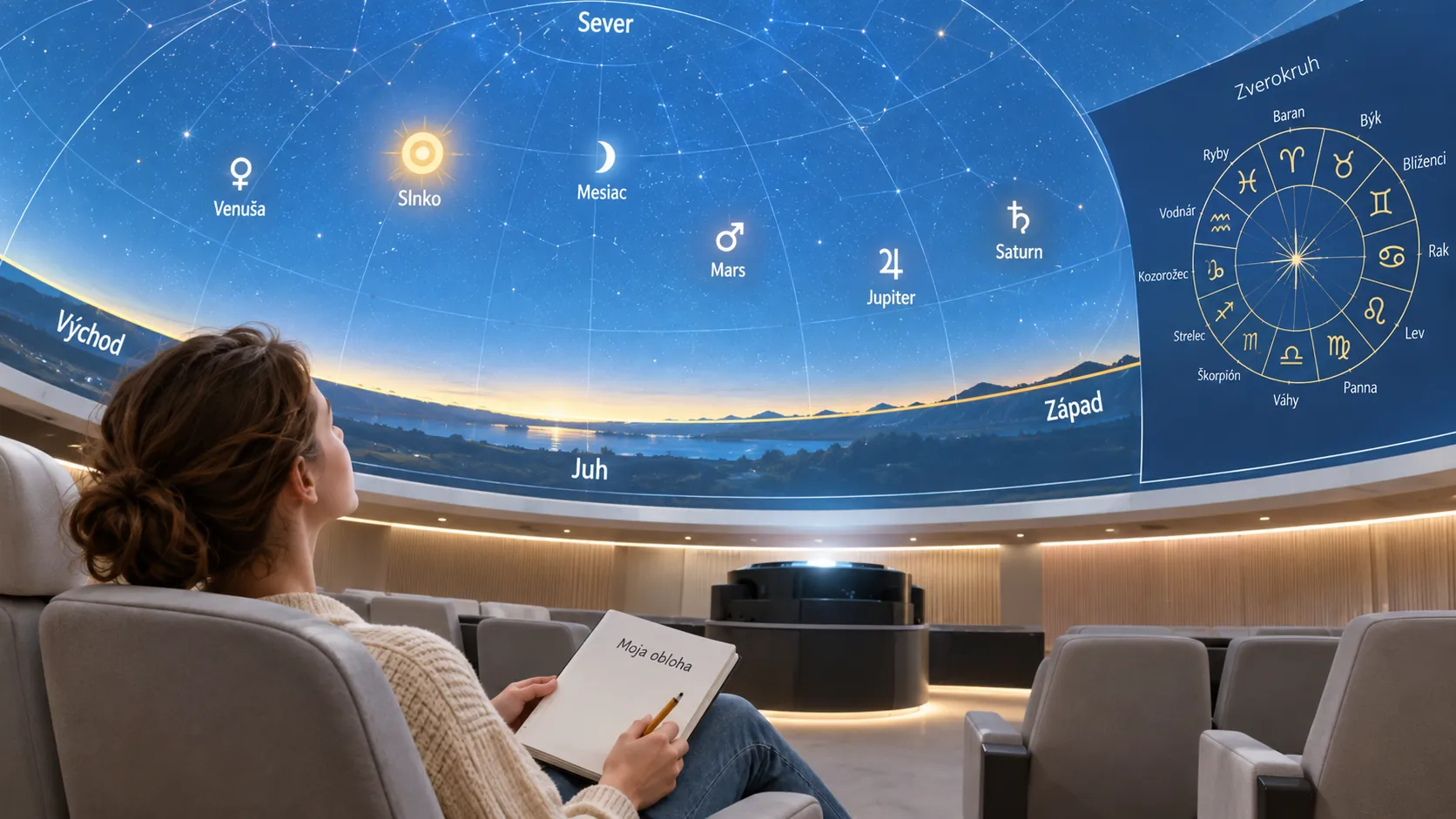 visitor beneath a modern planetarium dome