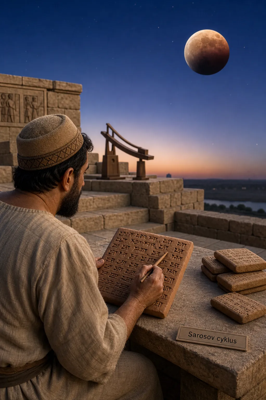 historical sky observer recording a lunar eclipse in a bright ancient observatory