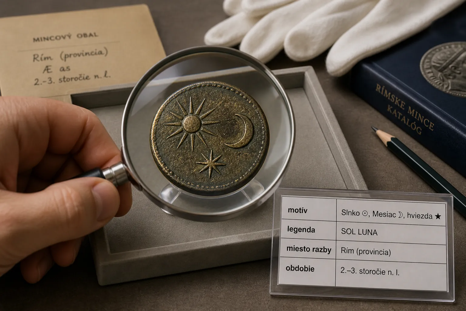 ancient coin with celestial symbols under museum light