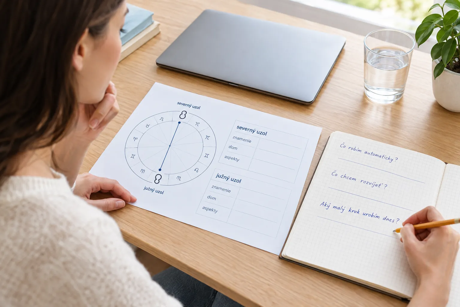 person reflecting on lunar nodes through a birth chart notebook