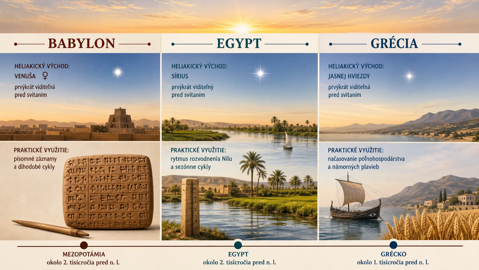 editorial infographic comparing heliacal rising in Babylon Egypt and Greece