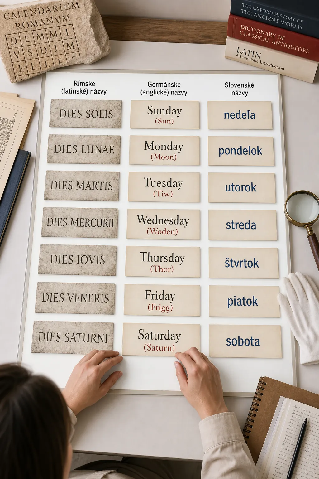 Roman planetary day names compared with Germanic and Slovak weekday names