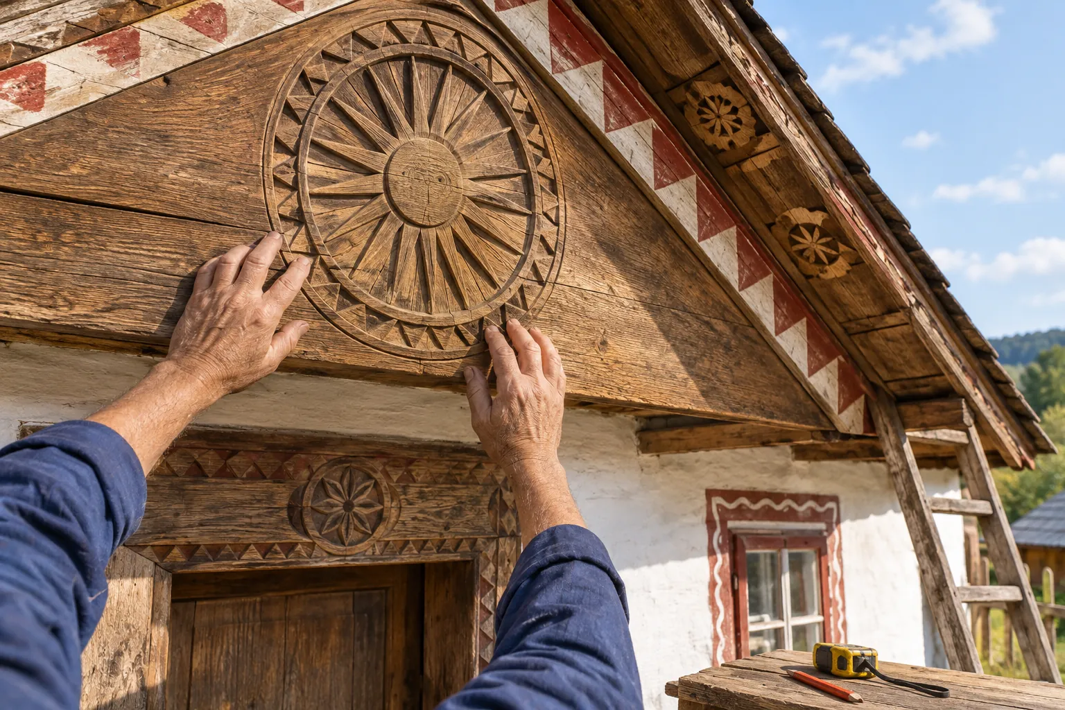 carved solar motifs on a traditional Slovak cottage