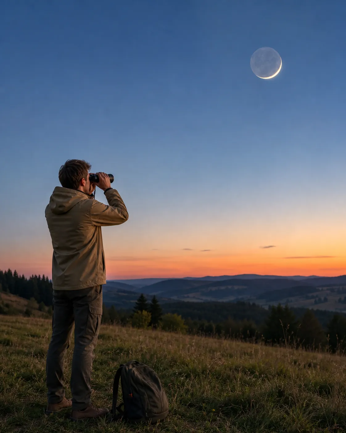 observer watching a thin crescent Moon over a Slovak horizon