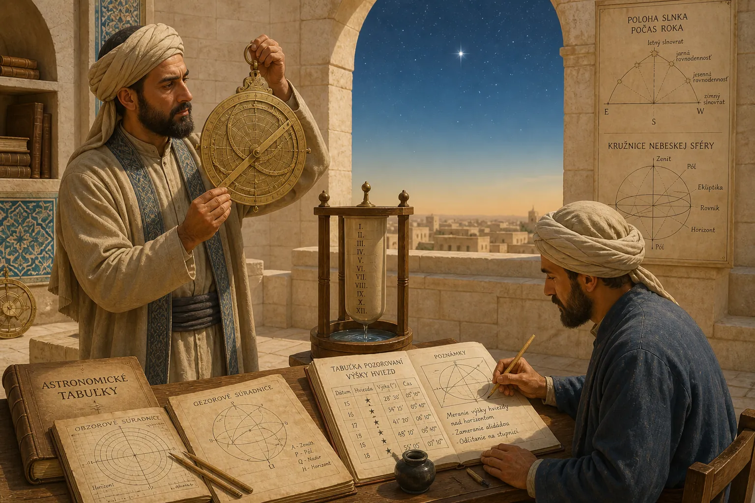 scholar using an astrolabe in a bright medieval Islamic observatory