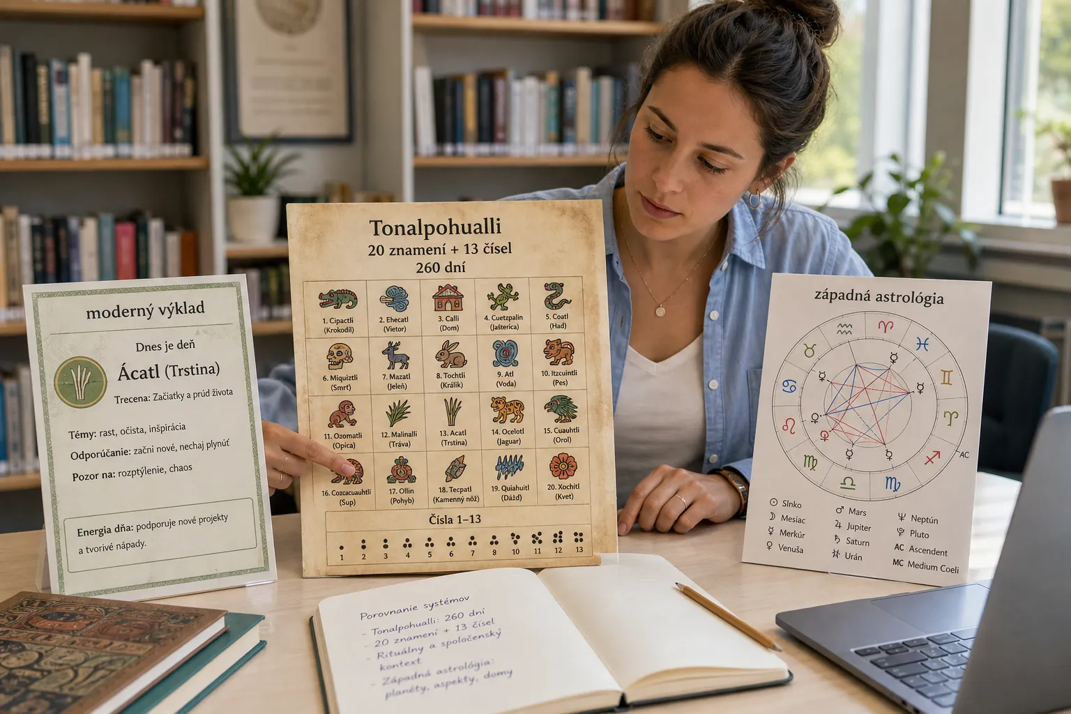 modern reader comparing Aztec calendar and Western birth chart