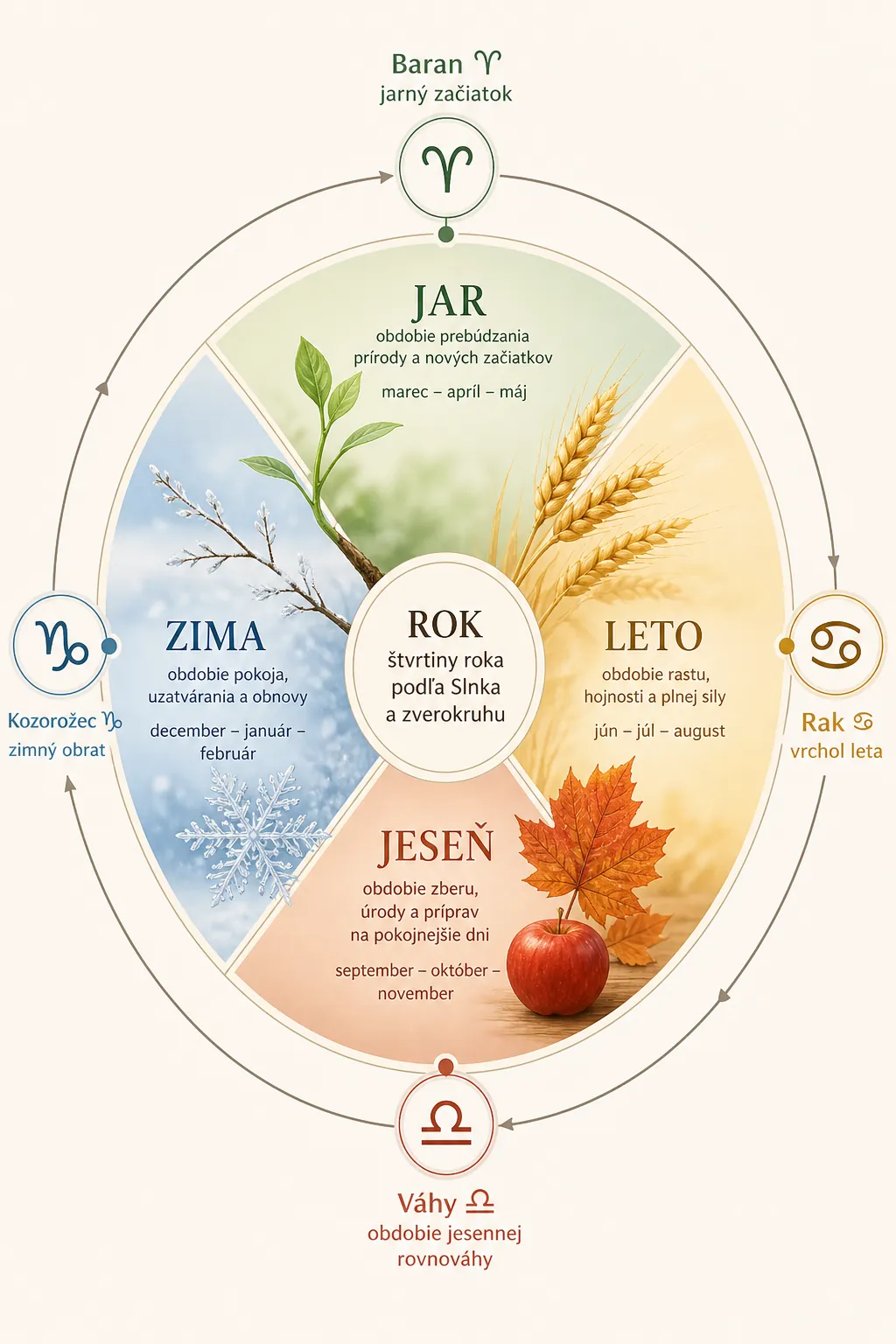 bright editorial infographic linking zodiac signs to seasons and calendar months