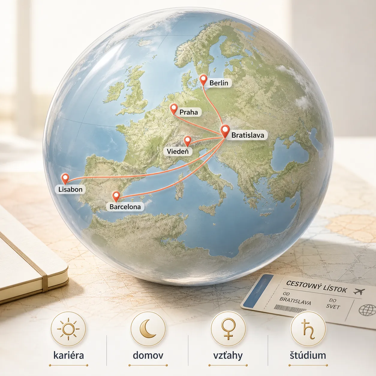 bright editorial 3d globe with astrology relocation routes